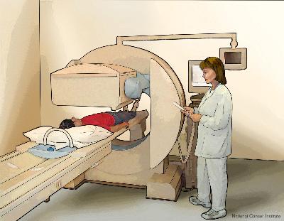 Bone scan. A small amount of radioactive material is injected into the patient's bloodstream and collects in abnormal cells in the bones. As the patient lies on a table that slides under the scanner, the radioactive material is detected and images are made on a computer screen or film. Bone scan; drawing shows patient lying on a table that slides under the scanner, a technician operating the scanner, and a monitor that will show images made during the scan.