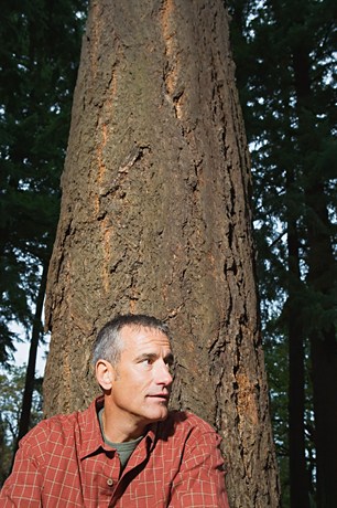 Photo of man thinking in a forest setting