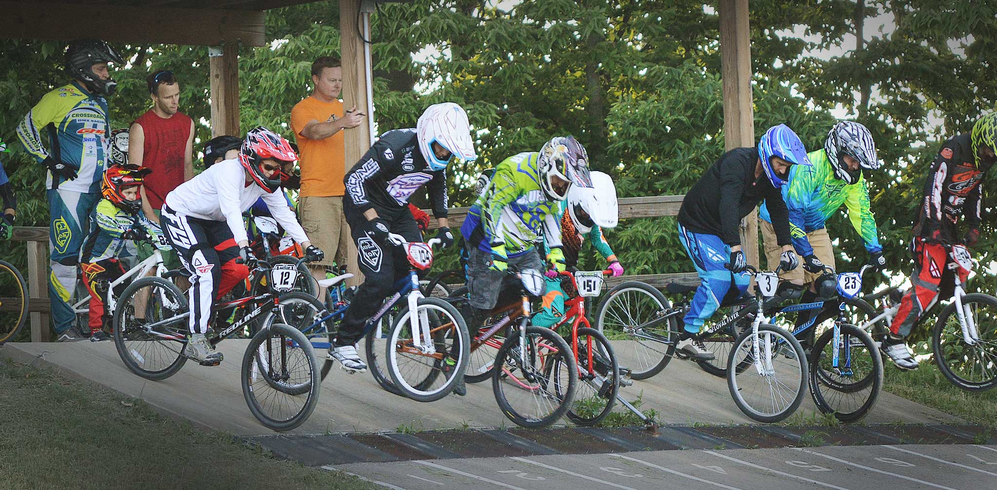 Riders leave the starting gate at the Columbus BMX track.