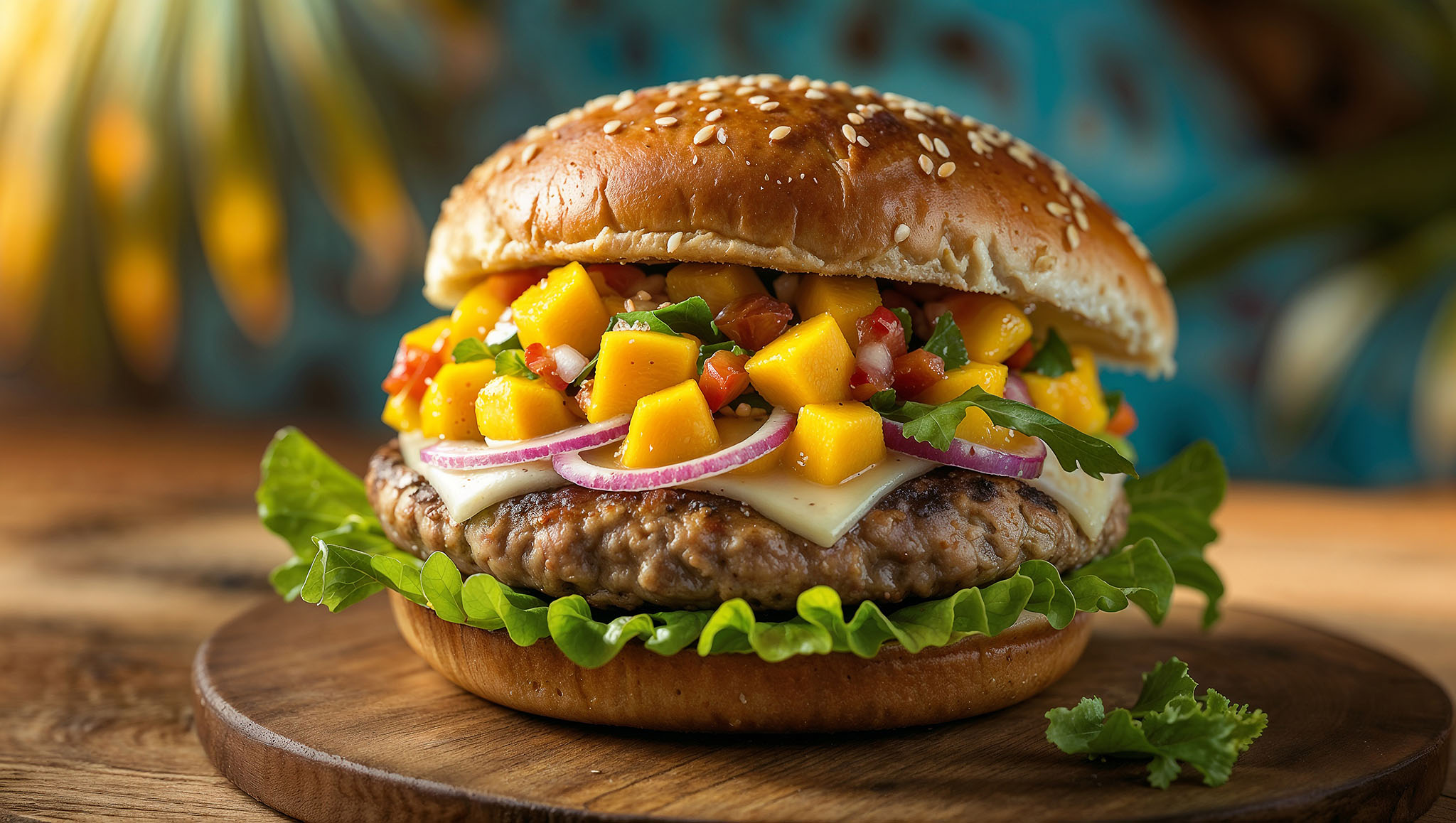 Black bean burger with mango salsa topping.