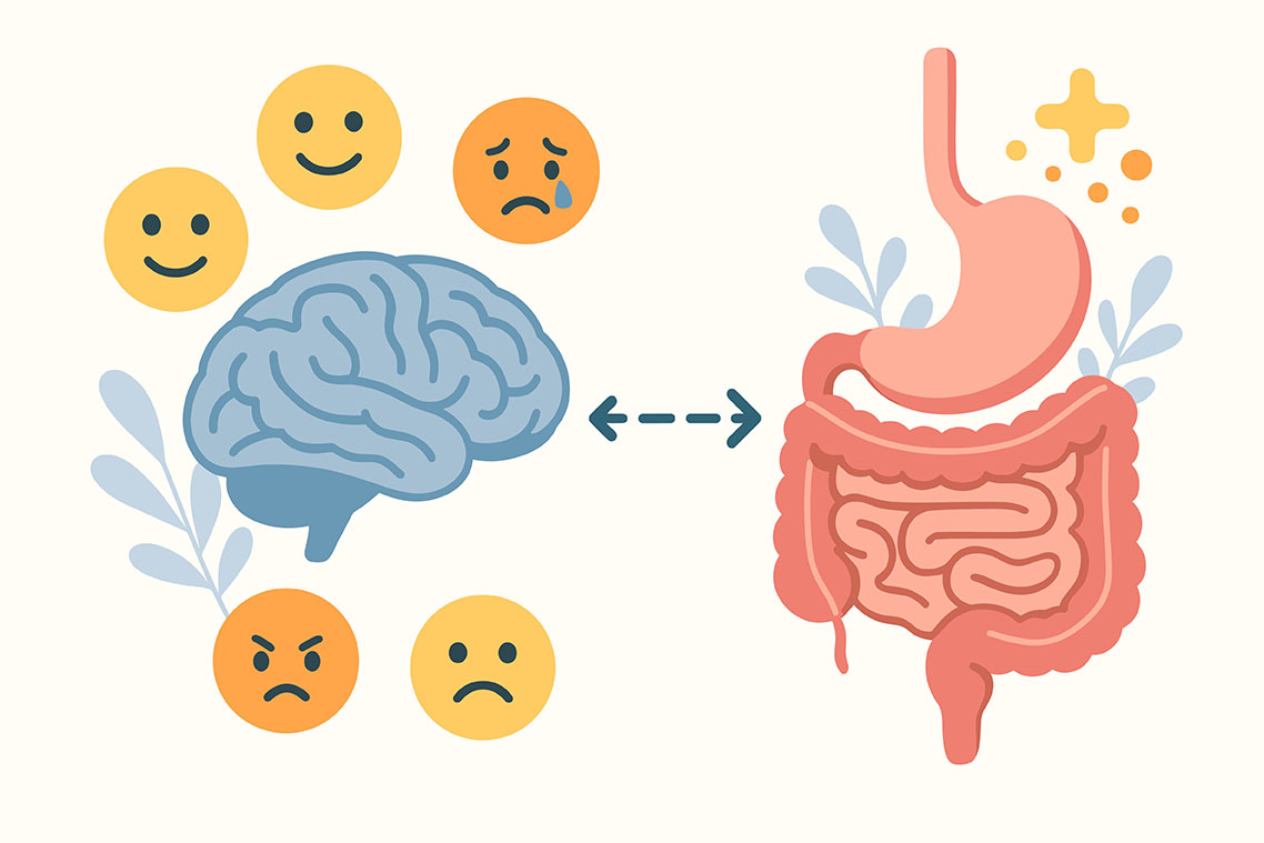 Illustration of happy and sad faces around brain with arrow pointing to stomach.