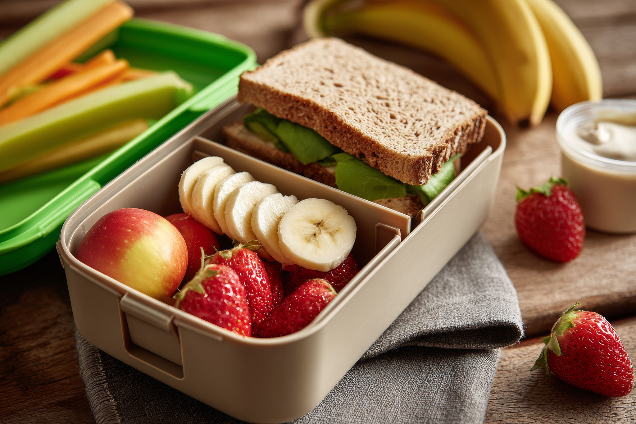 Bento box filled with fruit, vegetables, and sandwich.