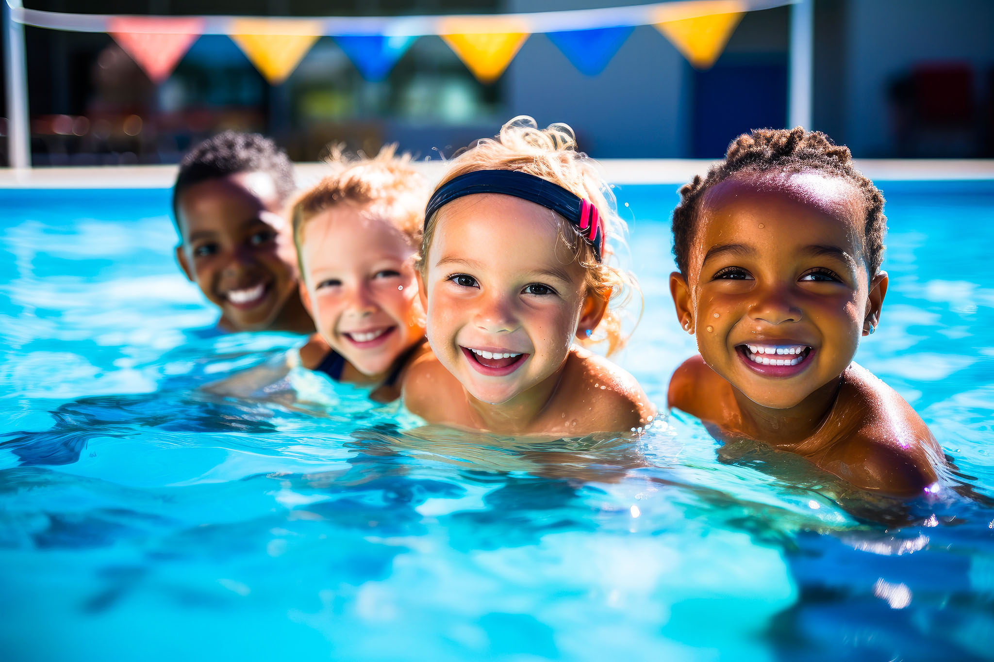 Four children in pool smiling and looking at camera.