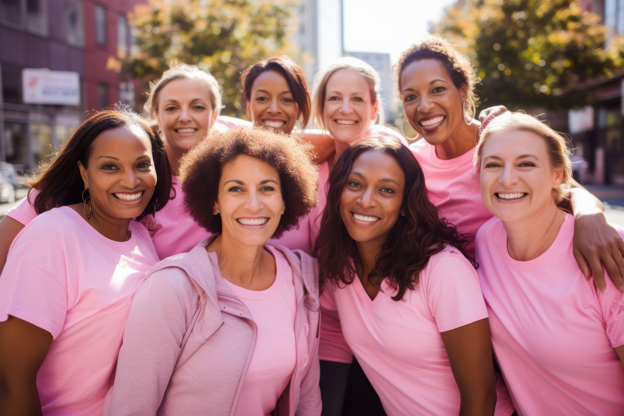 Diverse group of women in pink shirts.