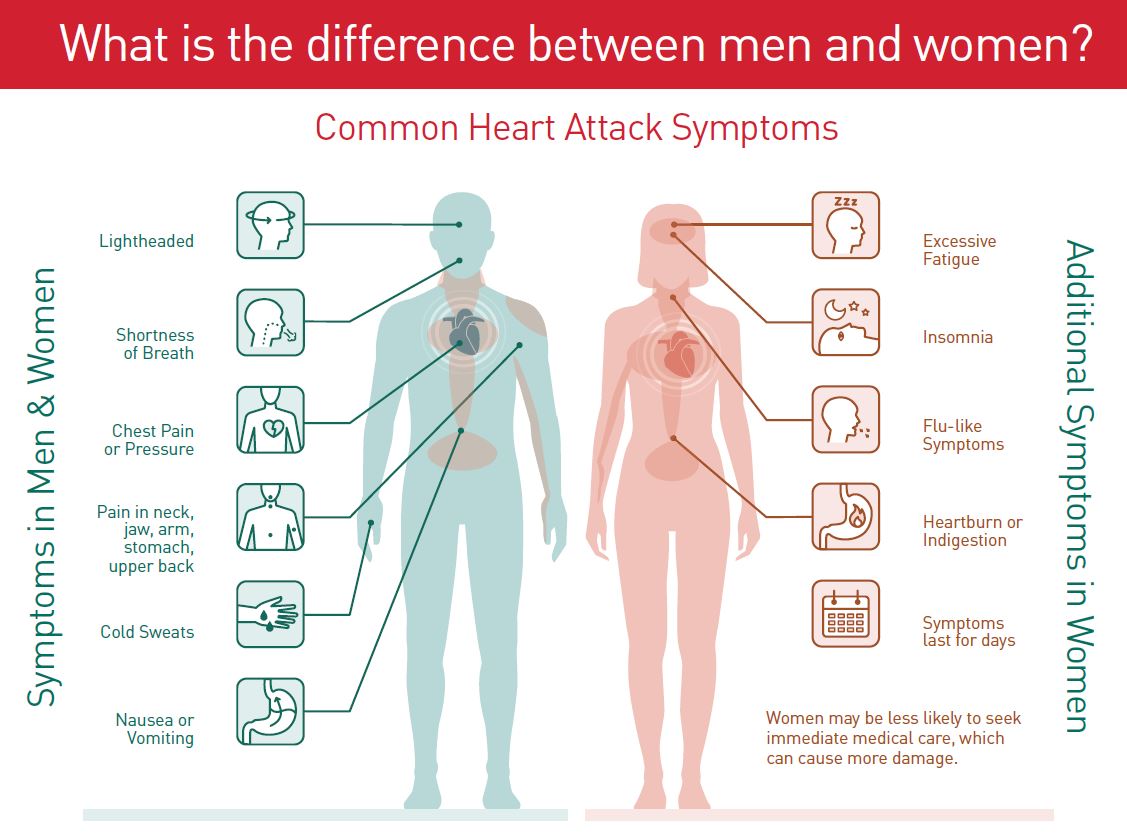 Infographic showing different heart attack symptoms between men and women.