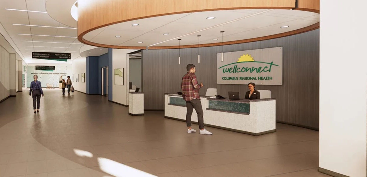 Rendering of person talking to WellConnect Connection Specialist.