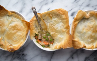 Chicken Pot Pie with Phyllo dough, chicken and veggies.