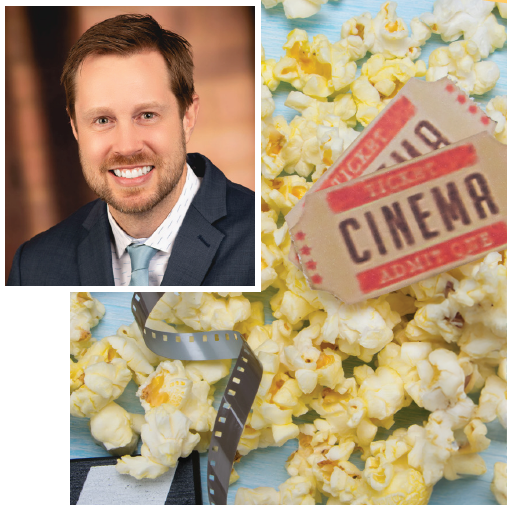 Dr. Patrick Barrett portrait, popcorn and movie tickets.