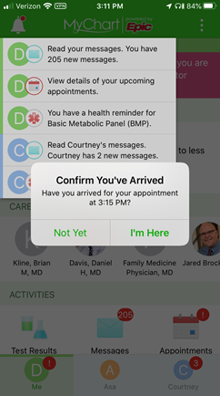 MyChart Hello Patient screen - Confirm you've arrived.