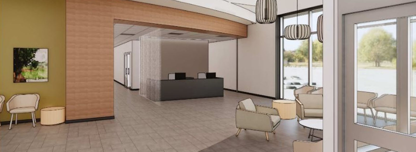 Artist rendering of health care lobby at Nexus Park.