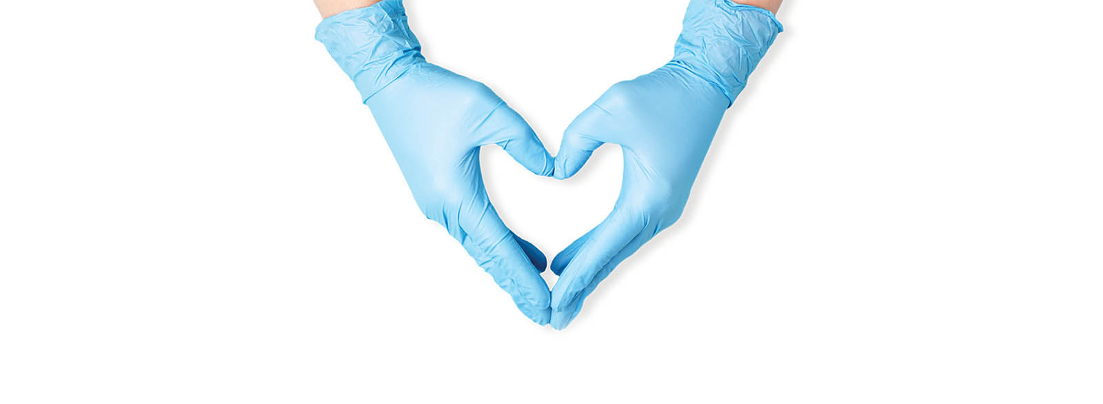 Hands with surgical gloves clasped forming a heart.