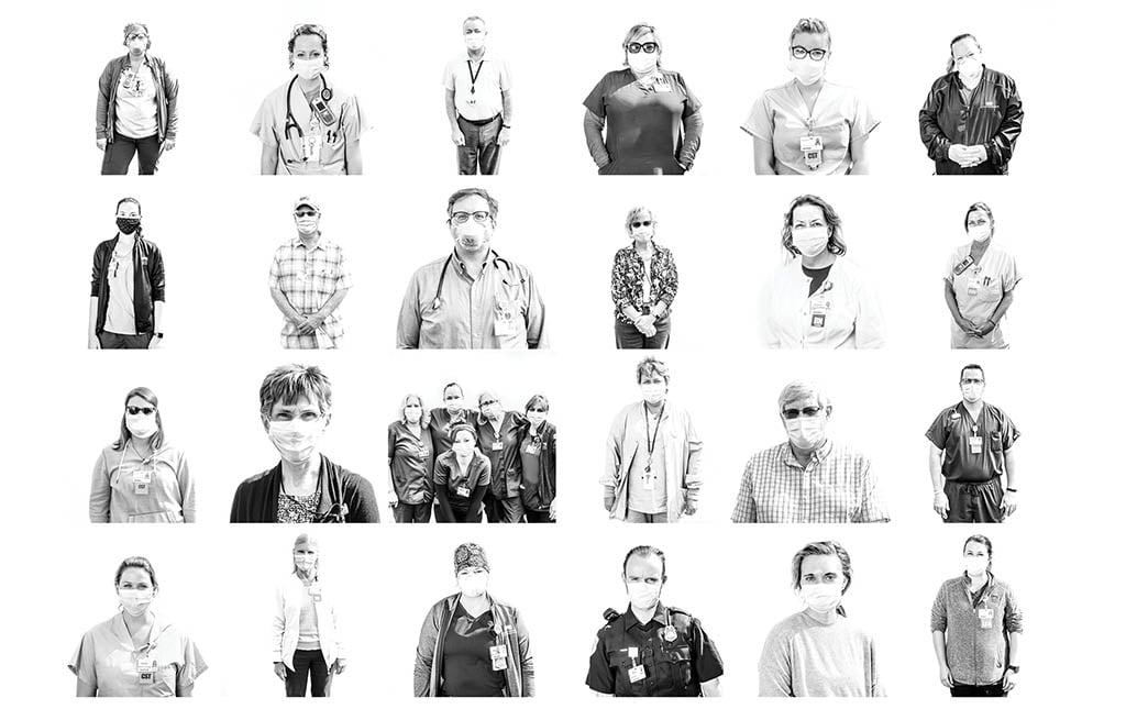 Collage of Columbus Regional Hospital workers wearing masks 