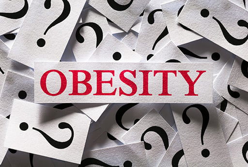 Obesity word illustration surrounded by question marks.